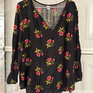 Old Navy Black Blouse with Pink Floral Design